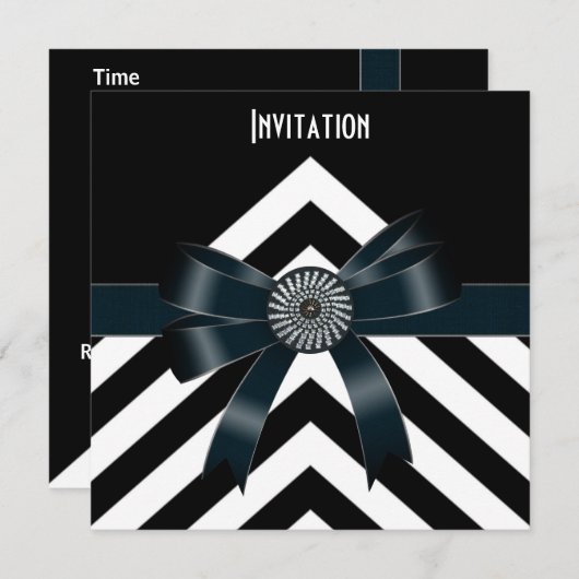 Uitnodigingen Zwarte Witte Stripe Zwarte Bow (Voorkant / Achterkant)
