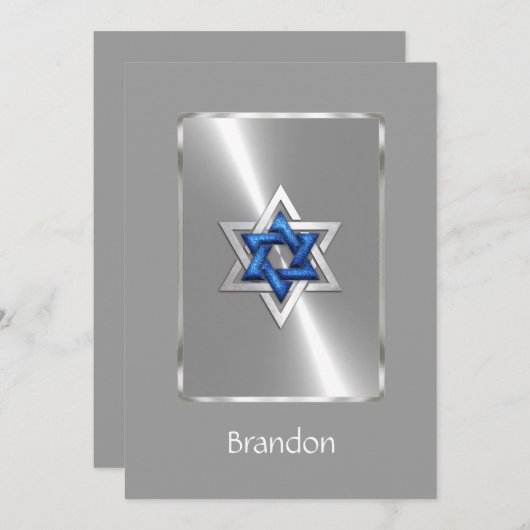 Uitnodigingsbalk Mitzvah Star van David Blue & Sil Kaart (Voorkant / Achterkant)