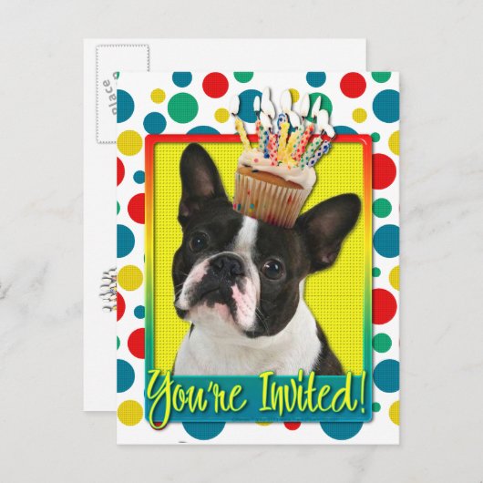 Uitnodigingscupcake - Boston Terrier Uitnodiging Briefkaart (Voorkant / Achterkant)