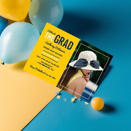 Uitnodigingsfoto voor afstudeerfeest met blauwe en kaart