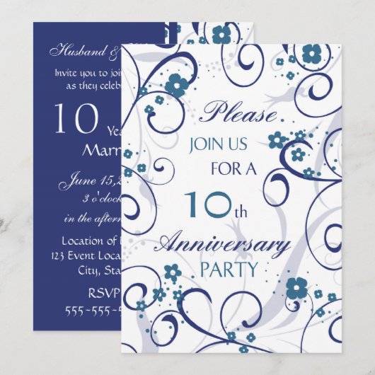 Uitnodigingskaart 10-jarig jubileumfeest Blue Swir Kaart (Voorkant / Achterkant)