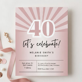 Uitnodigingskaart 40ste verjaardag, retro roze gou briefkaart