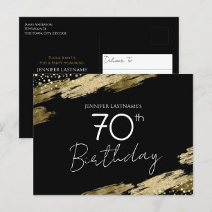 Uitnodigingskaart 70ste verjaardagsfeest goud zwar briefkaart