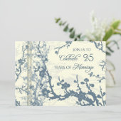 Uitnodigingskaart 'Blue Floral 25th Anniversary' Kaart (Staand voorkant)