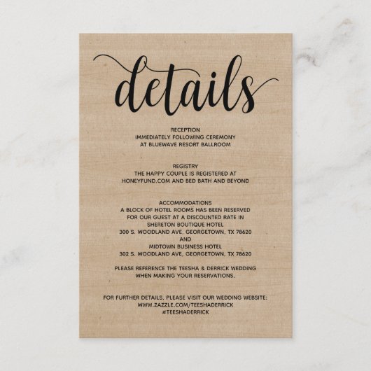 Uitnodigingskaart met details voor rustieke boerde informatiekaartje (Voorkant)