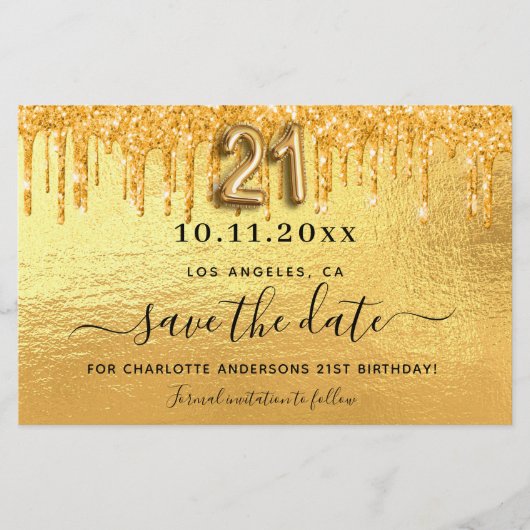 Uitnodigingskaart met gouden glitters voor 21e ver (Voorkant)