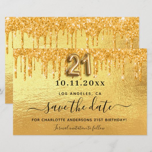 Uitnodigingskaart met gouden glitters voor 21e ver (Voorkant / Achterkant)