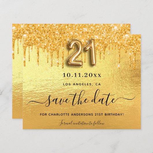 Uitnodigingskaart met gouden glitters voor 21e ver (Voorkant / Achterkant)