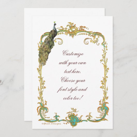Uitnodigingskaart met pauwen en vergulde baroklijs kaart (Voorkant / Achterkant)