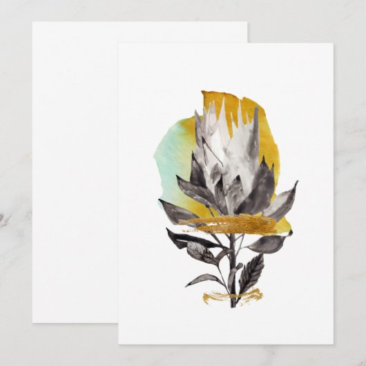 Uitnodigingskaart met protea bloem, gouden element kaart (Voorkant / Achterkant)