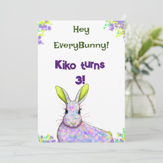 Uitnodigingskaart Paarse Konijnenfeestje Kaart (Staand voorkant)