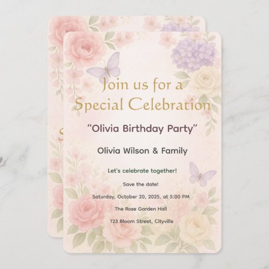 Uitnodigingskaart Pastel Waterverf Tuin Bloem Kaart (Voorkant / Achterkant)