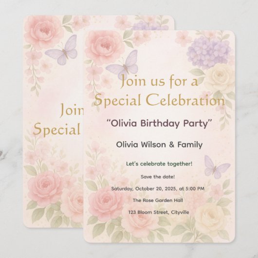 Uitnodigingskaart Pastel Waterverf Tuin Bloemmotie Kaart (Voorkant / Achterkant)