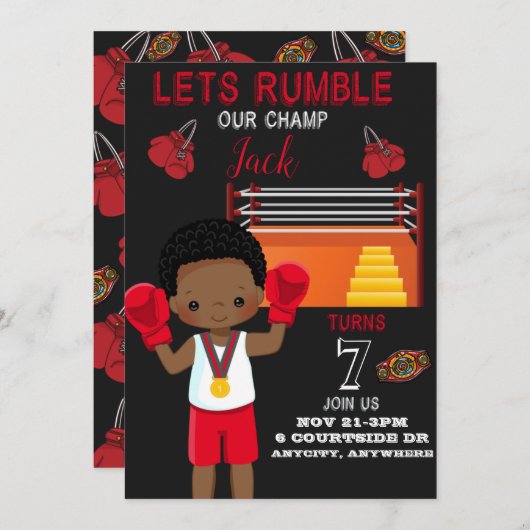 Uitnodigingskaart verjaardagsfeestje bokswedstrijd (Voorkant / Achterkant)