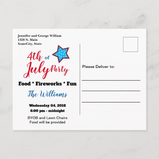 Uitnodigingskaart voor 4 juli achtertuinfeest uitnodiging briefkaart (Achterkant)