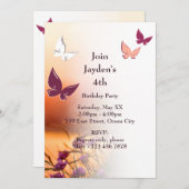 Uitnodigingskaart voor 4e verjaardagsfeest Roze Vl Kaart (Voorkant / Achterkant)