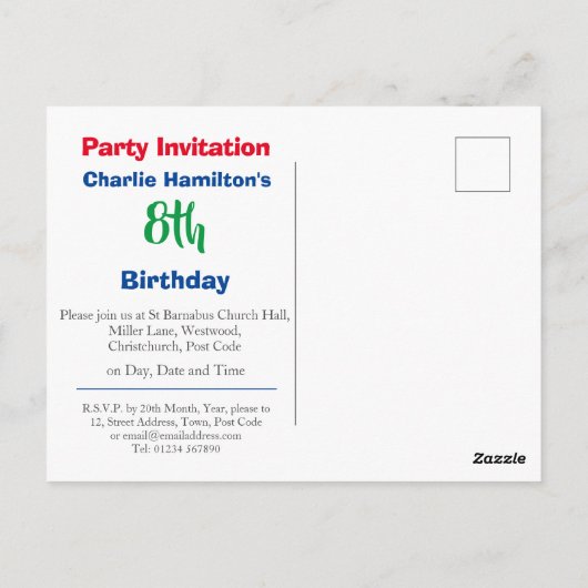 Uitnodigingskaart voor 8e verjaardag briefkaart (Achterkant)