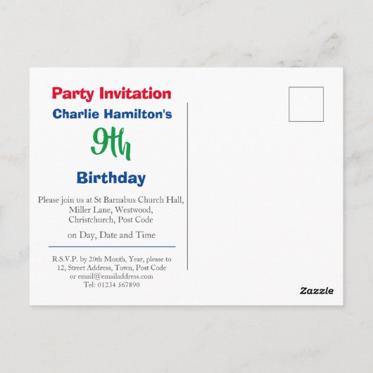 Uitnodigingskaart voor 9e verjaardag briefkaart (Achterkant)