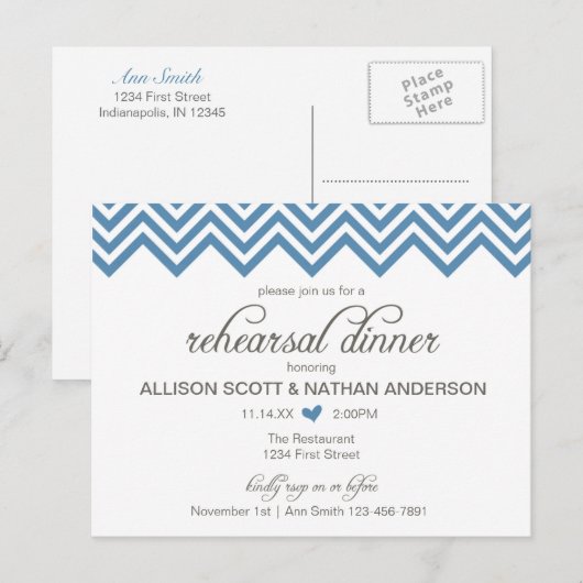 Uitnodigingskaart voor Blauwe Chevron Proefhuwelij Uitnodiging Briefkaart (Voorkant / Achterkant)