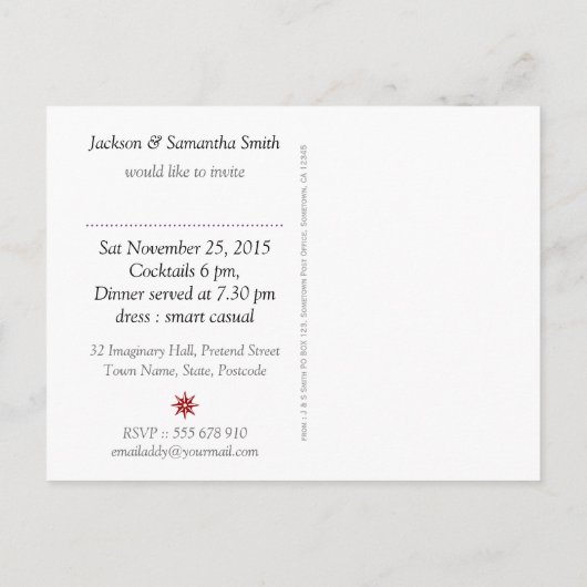 Uitnodigingskaart voor een dinerfeest met een Rood Uitnodiging Briefkaart (Achterkant)