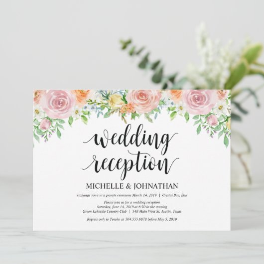 Uitnodigingskaart voor huwelijksfeest met bloemrom kaart (Staand voorkant)