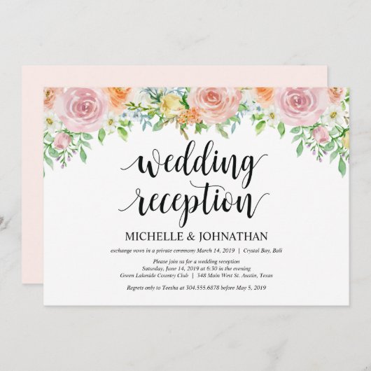 Uitnodigingskaart voor huwelijksfeest met bloemrom kaart (Voorkant / Achterkant)