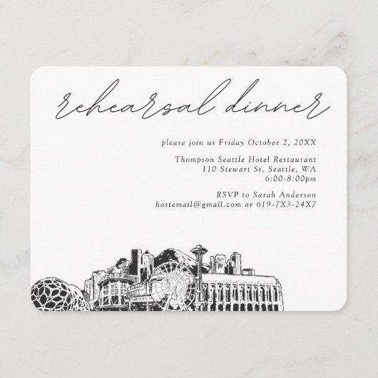 Uitnodigingskaart voor huwelijksrepetitie in Seatt Informatiekaartje (Voorkant)