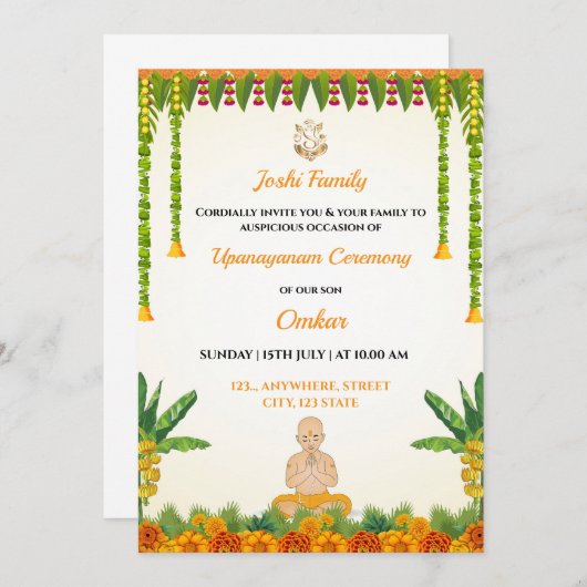 Uitnodigingskaart voor Janoi Ceremony, Upanayanam Kaart (Voorkant / Achterkant)