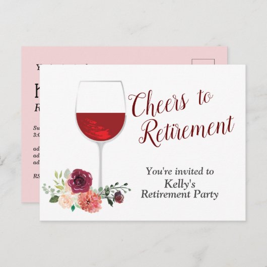 Uitnodigingskaart voor pensioneringspartij met rod uitnodiging briefkaart (Voorkant / Achterkant)