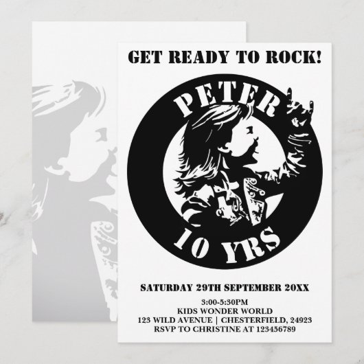 Uitnodigingskaart voor verjaardagsfeest Rock 'n' R Kaart (Voorkant / Achterkant)