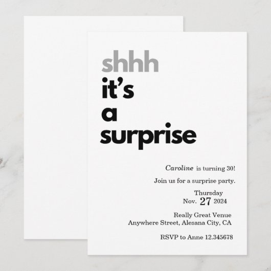 Uitnodigingskaart voor verrassingsfeest Minimalist Kaart (Voorkant / Achterkant)