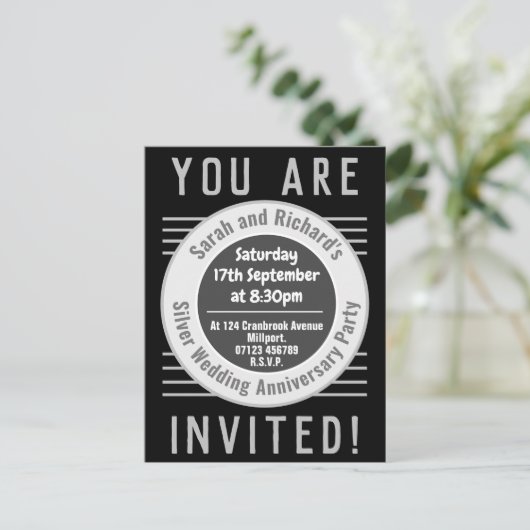 Uitnodigingskaart voor zilveren huwelijksjubileumf uitnodiging briefkaart (Staand voorkant)