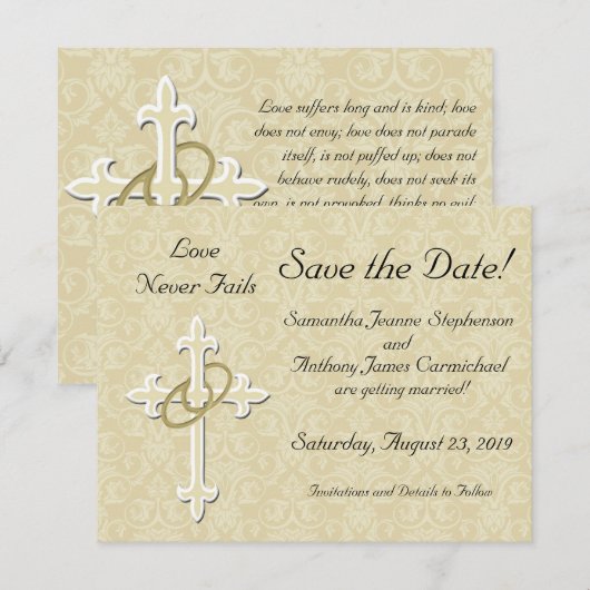 Uitnodigingskaarten 'Kruis met gouden ringen' om d Save The Date (Voorkant / Achterkant)