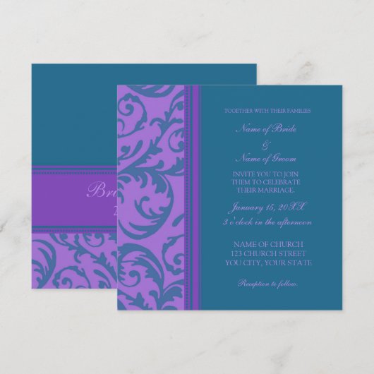 Uitnodigingskaarten voor blauwgroen en Paarse wedu Kaart (Voorkant / Achterkant)