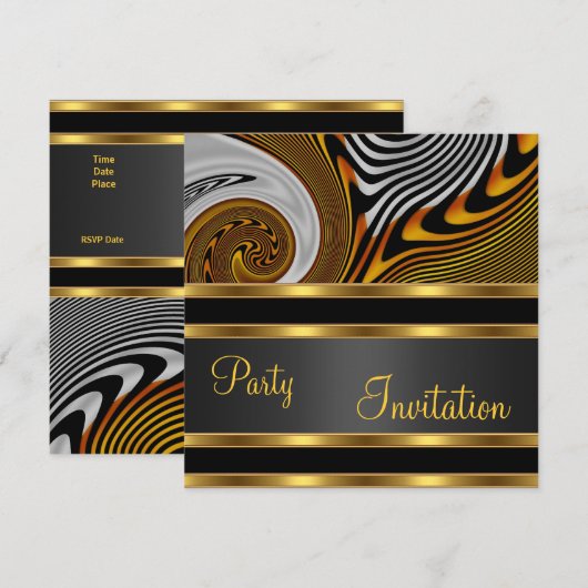 Uitnodigingspartij Exotic Abstract Gold Black Kaart (Voorkant / Achterkant)