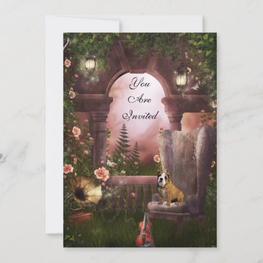 Uitnodigingspartij Moonlight Violin Dog Gramaphone Kaart (Voorkant)