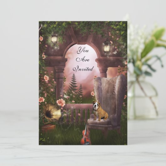 Uitnodigingspartij Moonlight Violin Dog Gramaphone Kaart (Staand voorkant)