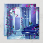 Uitnodigingspartij Piano Birds Moonlight Blue Kaart (Voorkant / Achterkant)