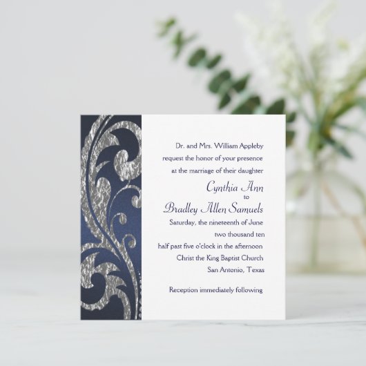 Uitnodigingsplein Navy Faux Silver Foil Design Kaart (Staand voorkant)