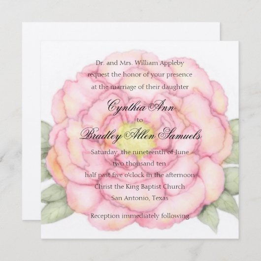 Uitnodigingsplein Roze Peony Kaart (Voorkant / Achterkant)