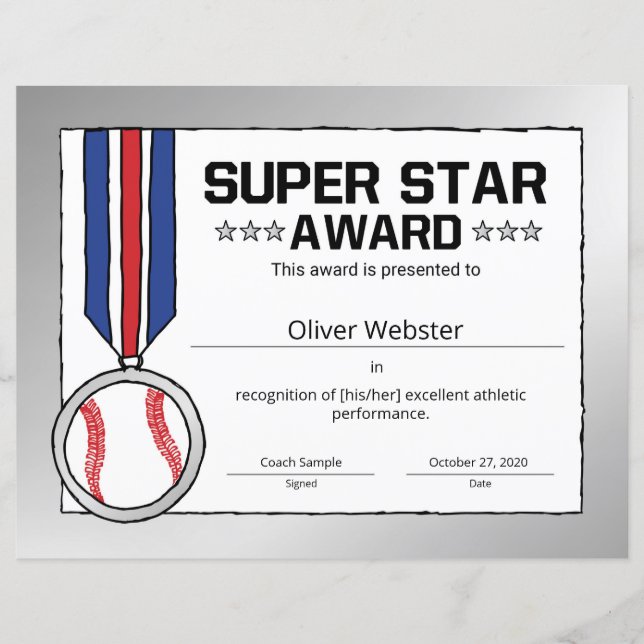 Uitreiking van het Super Star Baseball Certificate (Voorkant)