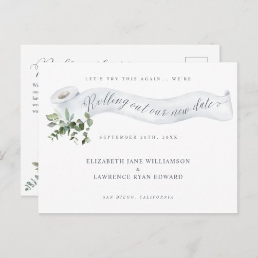 Uitrollen van onze nieuwe datum | Toilet Paper Gre Aankondigingskaart (Voorkant / Achterkant)