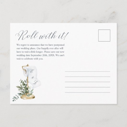 Uitrollen van onze nieuwe datum | Toilet Paper Gre Aankondigingskaart (Achterkant)