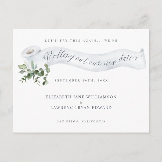 Uitrollen van onze nieuwe datum | Toilet Paper Gre Aankondigingskaart (Voorkant)