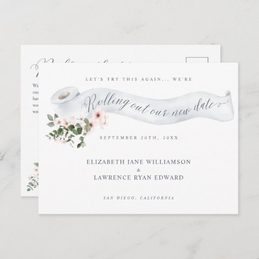 Uitrollen van onze nieuwe datum Toilet Papierroze  Aankondigingskaart (Voorkant / Achterkant)