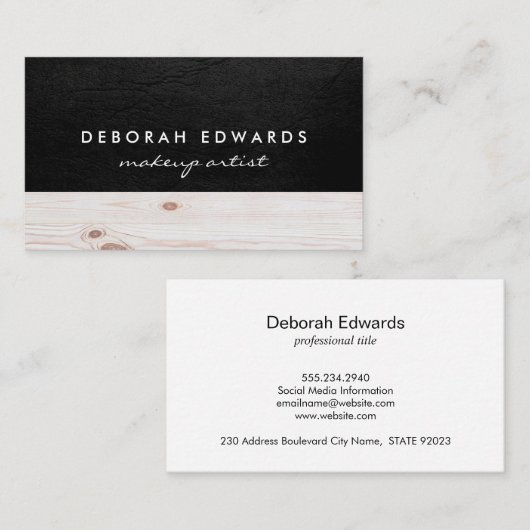 Uitstekend zwart leder | Hout Visitekaartje (Voorkant / Achterkant)