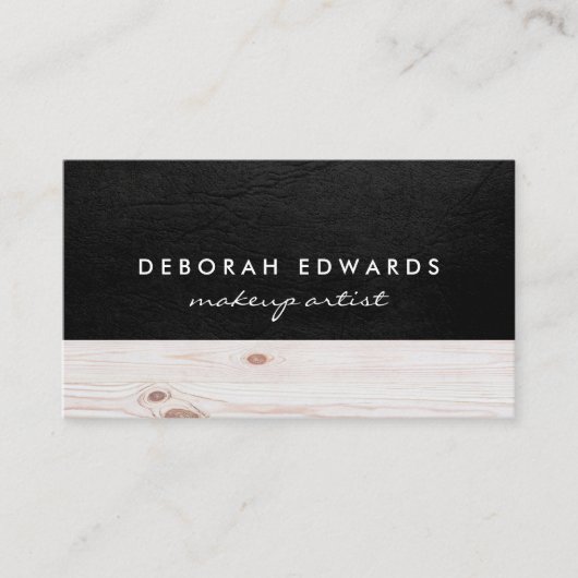 Uitstekend zwart leder | Hout Visitekaartje (Voorkant)