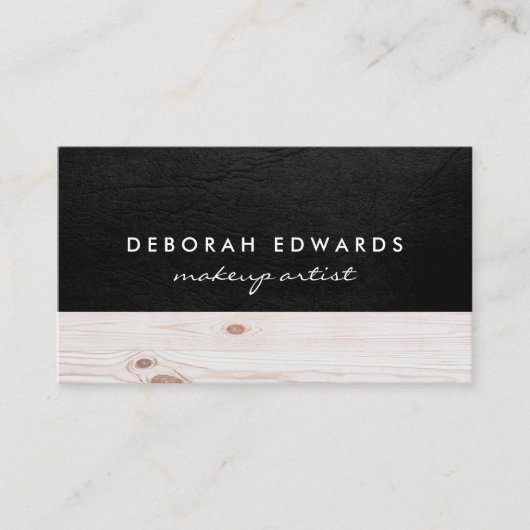 Uitstekend zwart leer | Hout Visitekaartje (Voorkant)