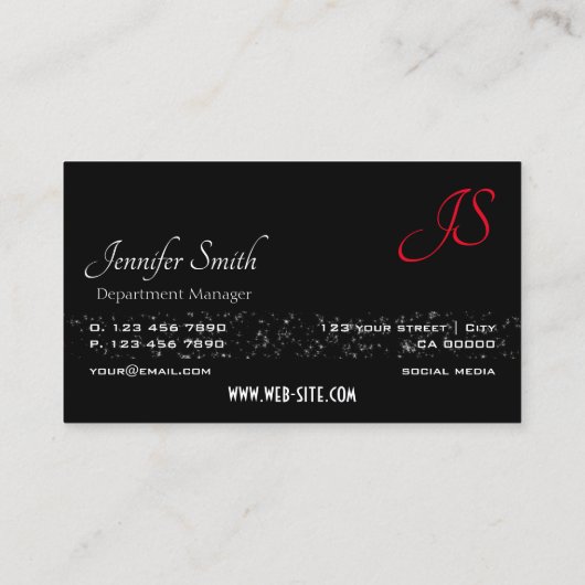 Uitstekend zwart met glittersterren en monogram visitekaartje (Achterkant)