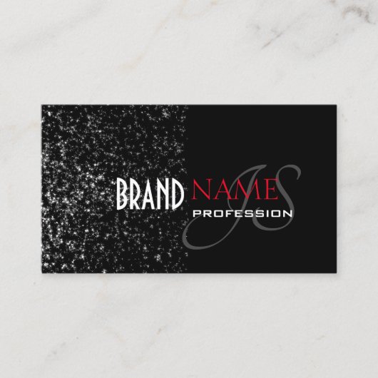 Uitstekend zwart met glittersterren en monogram visitekaartje (Voorkant)